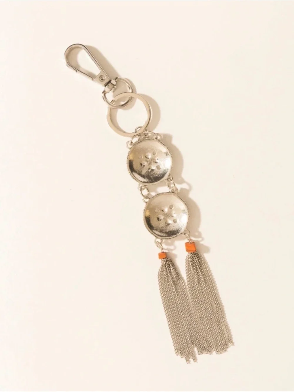 Western Bag Charm Silver Tassel Keychain Charm with Orange Accent